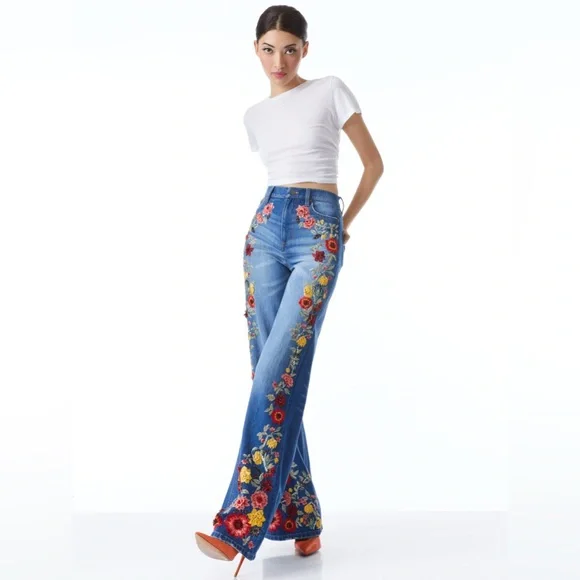 Alice + Olivia Blue Floral Embroidered Flare Jeans - Picture 6 of 15